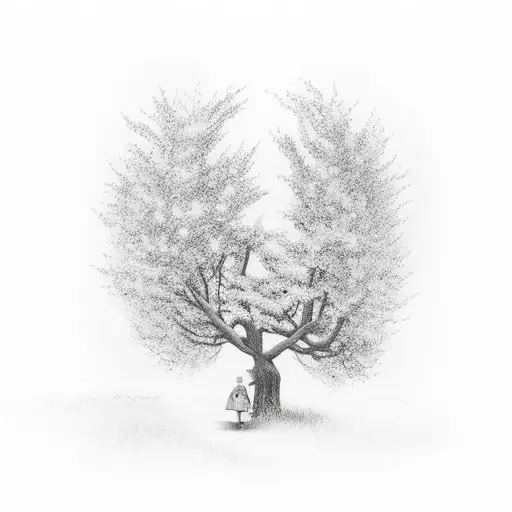 A Little Girl With Red Dress Sitting Under Apple Tree