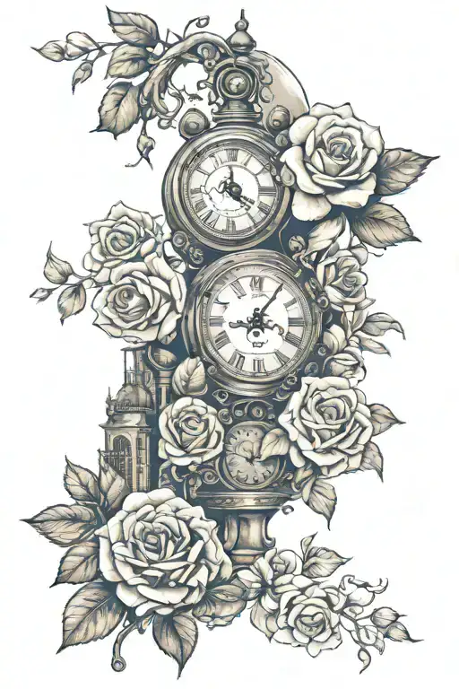 Building With Moon And Clock And Watch Surrounded By Roses