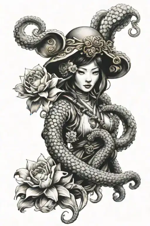 Octopus Japan Girl Roses Lotus Samurai Sleeve In Japanese