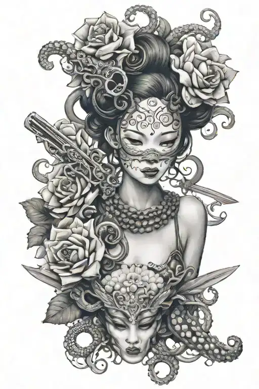 Octopus Head Girl In A Mask Japan Roses Lotuses Sword