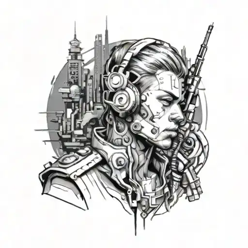 Create A Tattoo Design Featuring A Musician With A Cyberpunk Twist