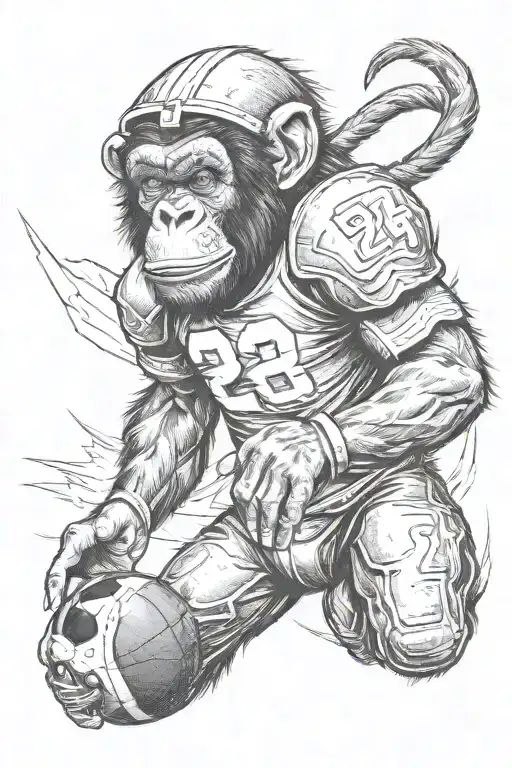 Chimp In Football Guard Fiercely Running A Football With A Number 27 Jersey