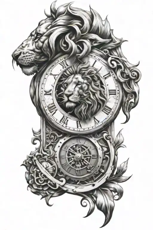 Lion Head And Clock Mechanism Intertwined