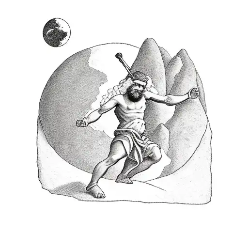 Greek Sysyphus Pushing His Rock Up A Hill With The Sky Sun And Moon And A Tree In The Background