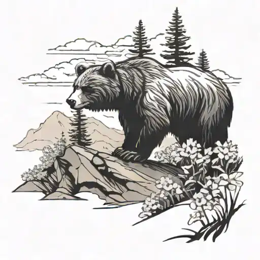 A Silhouette Of A Bear Hiking Up A Mountain With A Trail Of Flowers Behind It