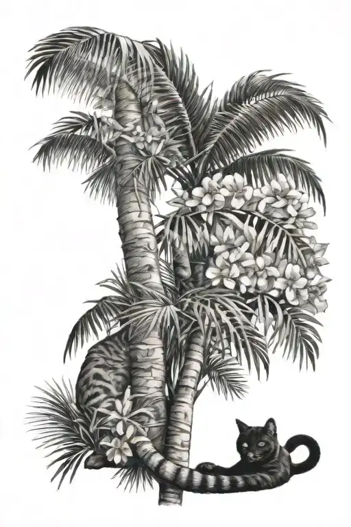 A Cat Lounging Under A Palm Tree With A Background Of Vibrant Flowers