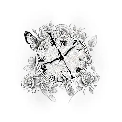 A Clock With Roses Around It And Couple Of Butterflies And Have Gg Underneath The Clock