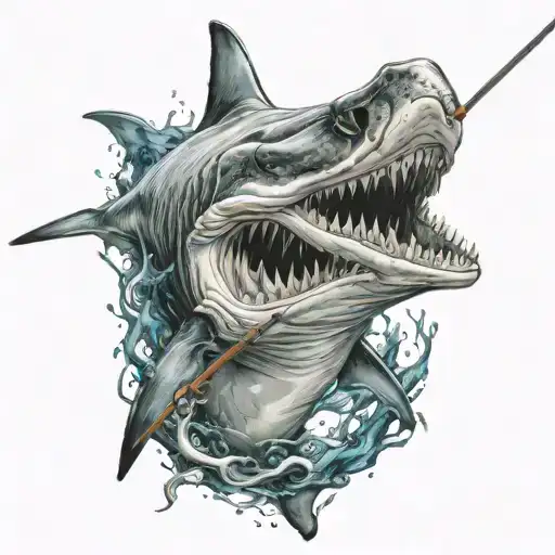 A Greater Hammerhead Shark Emerging From The Depths With A Fishing Rod In Its Mouth