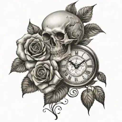 Skull And Rose And Clock