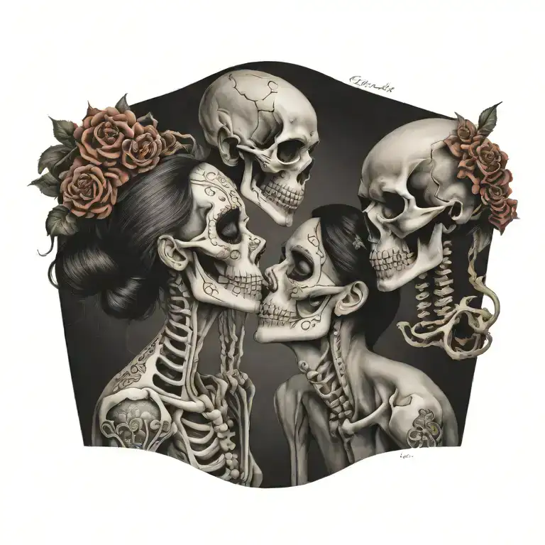 La Catrina In Profile And A Skeleton Look At Each Other And Kiss Each Other