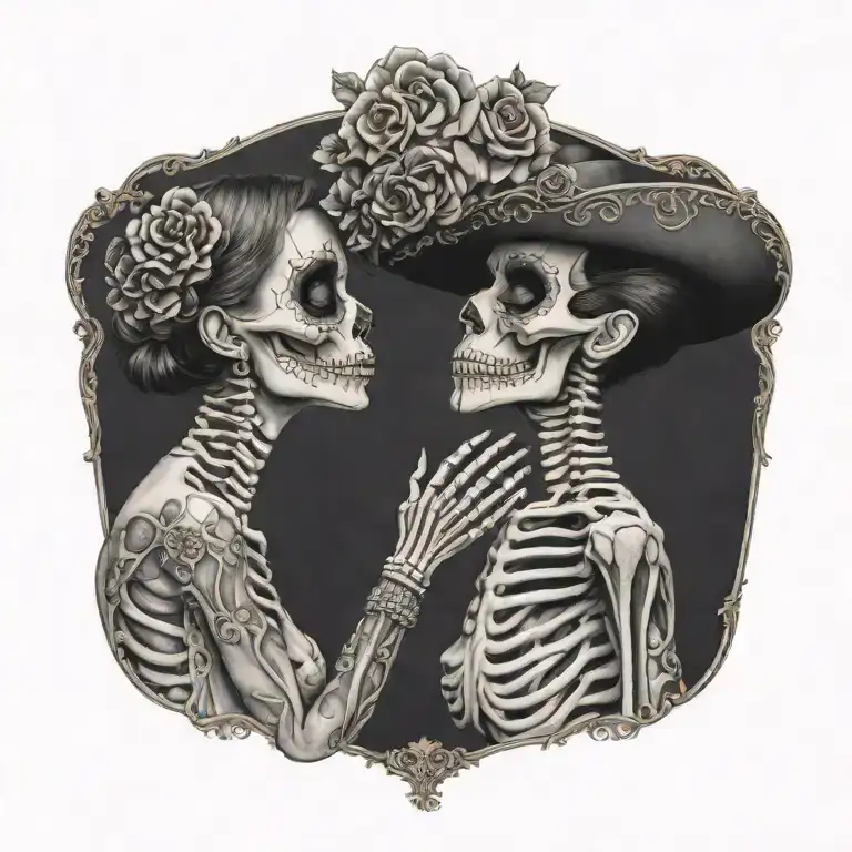 A Woman In Profile Made Up As La Catrina And A Skeleton Kiss Each Other
