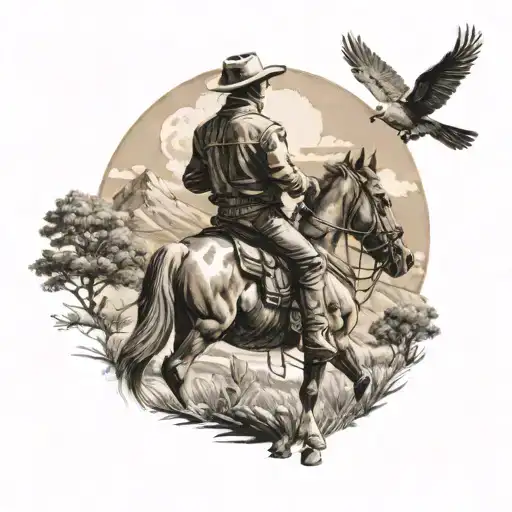 A Cowboy Riding A Horse Through A Countryside Landscape With A Beer In Hand