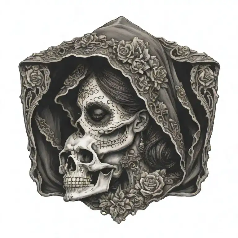 La Catrina Kisses A Skull Wearing A Hood