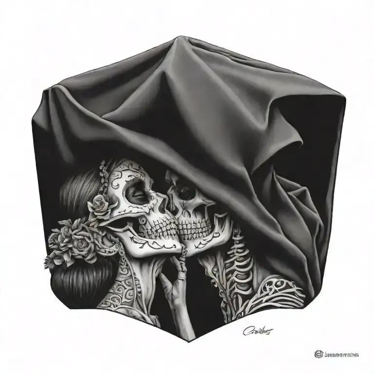 La Catrina In Profile And A Skull Wearing A Hood Kiss Each Other