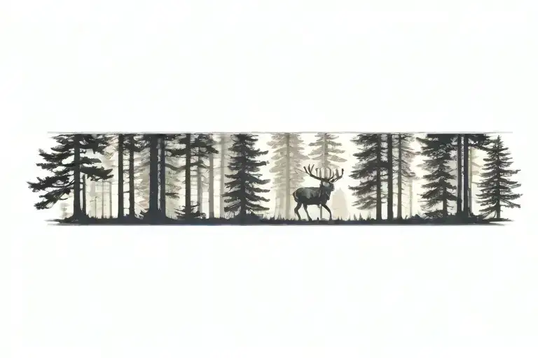A Stag Walking Through A Dense Pine Forest
