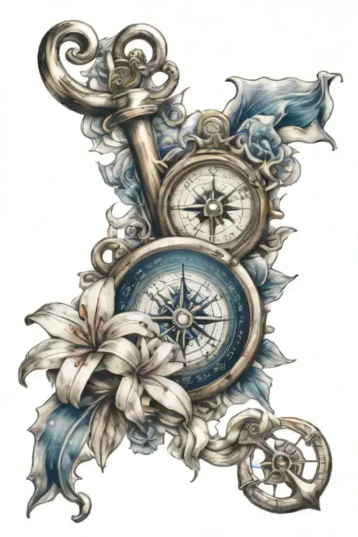 Nautical Map With Compass Anchor And Lily Flowers