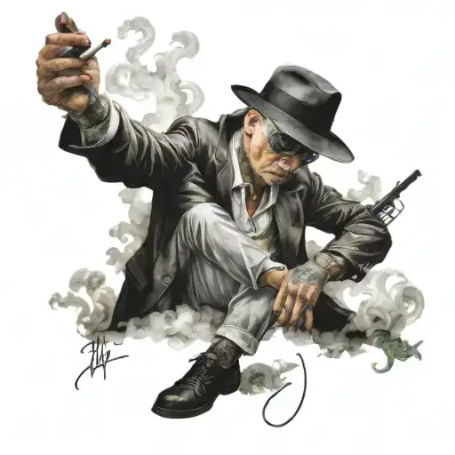 Gangster Sitting In A Higher Place Smoking While Everyone And Everything Destroying Around Him