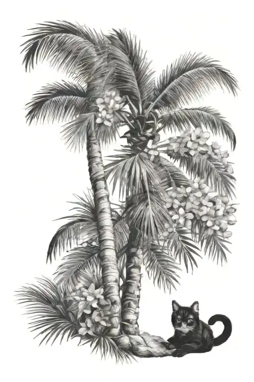 A Cat Lounging Under A Palm Tree With A Background Of Vibrant Flowers