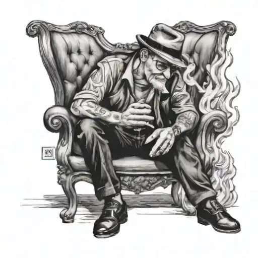 Tattoo Ganster Sitting Alone And Smoking A Cigarette While The World Catches On Fire
