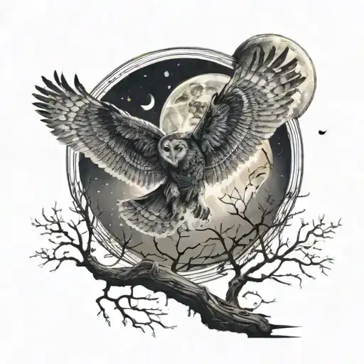 A Surreal Scene Of A Heartbroken Owl Flying Towards A Full Moon