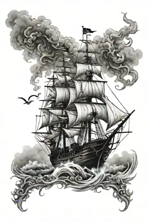 Pirate Ship Sailing Through Stormy