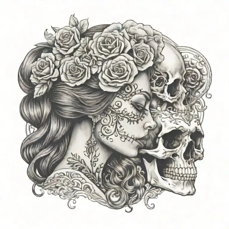 La Catrina In Profile And An Old Skull Kiss