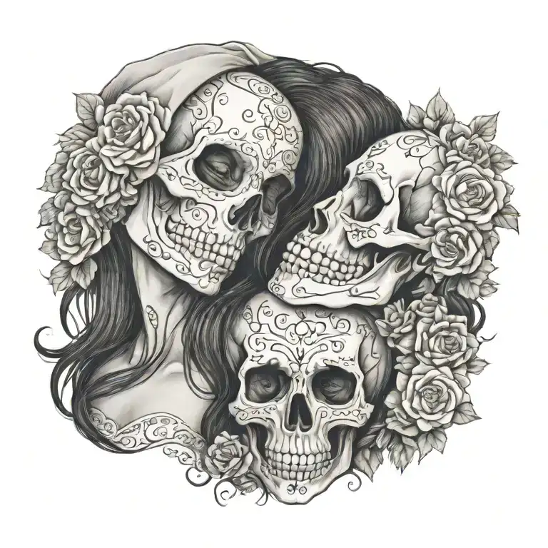 La Catrina In Profile And An Old Skull Kiss Each Other