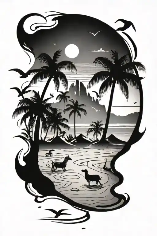 A Minimalist Design Of A Beach Scene With Various Animals Hidden In The Sand