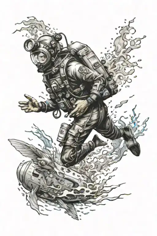 A Vintage Diver Under Water With A Shipwreck In The Backgtround