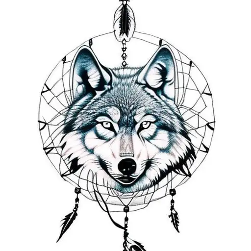 Dreamcatcher With Wolf And Native American Girl