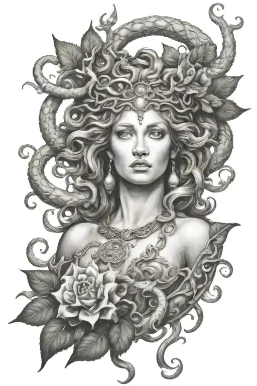 A Medusa Gorgona Inspired Tattoo Incorporating Elements Of Greek Mythology