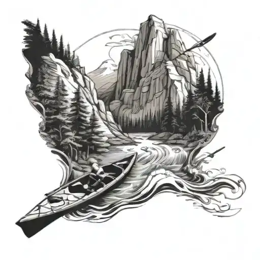 A Mountain Landscape With A Winding River And A Kayak Floating Peacefully On The Water