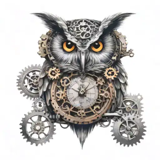 An Owl Perched On A Clock With Gears And Mechanical Elements