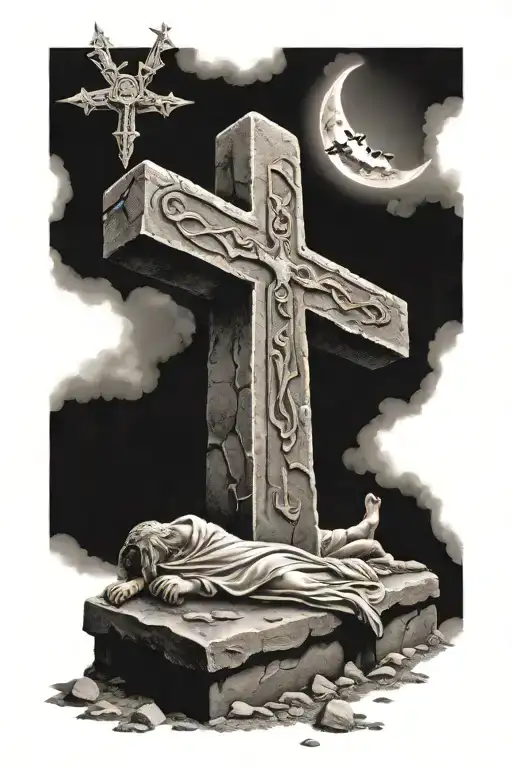 Jesus Tomb Stone With 3 Crosses With Nails In Hands