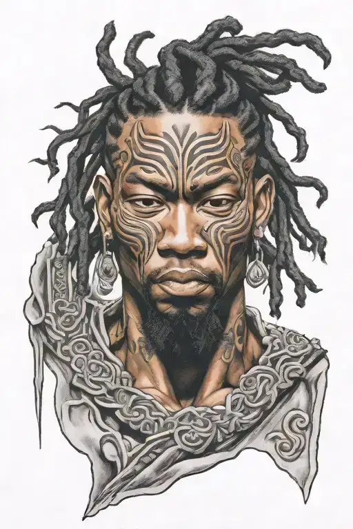 Black Man With Locs Samurai Mask Split In Half Sleeve