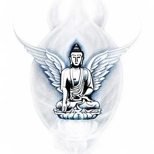 Faceless Meditating Buddha With Angel Side Wing And The Other Side Devil Wing