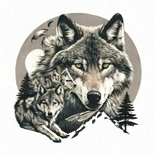 Wolf Family Moon And A Tattoo With Mountain Landscape