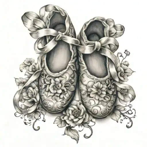 An Intricate Tattoo Of Ballet Shoes Intertwined With Delicate Floral Patterns