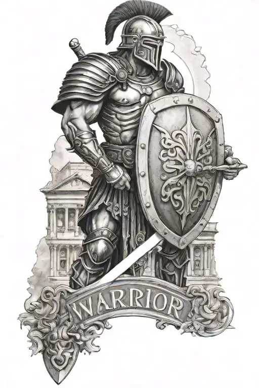 Warrior Standing With A Roman Coliseum Behind And Cssco And Shield And Bloody Weapon