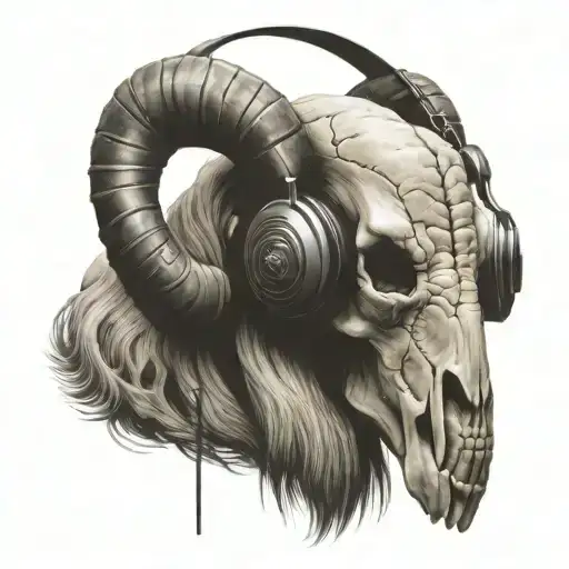 Ram Skull Long Horns Wearing Headphones