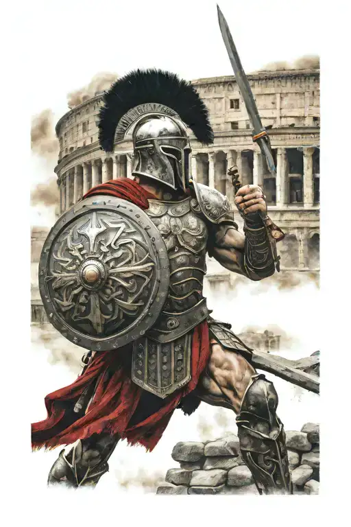 Warrior Standing With A Roman Coliseum Behind And Helmet And Shield And Bloody Weapon Realism