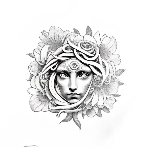 Full Forearm With Medusa Face And Unflowers And Greek Design