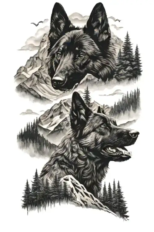 Black German Shepperd With Bavarian Alps And Mountain Lake And Fir Forest