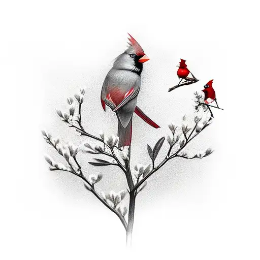 Blooming Dogwood Branch With Male Cardinal