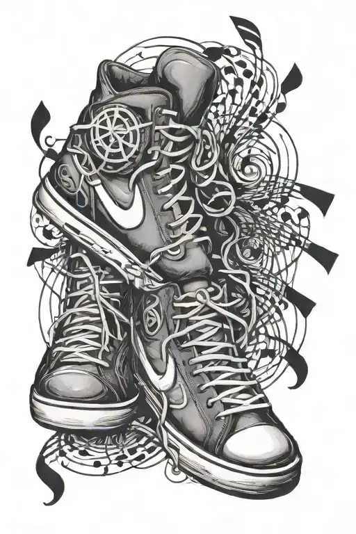 A Pair Of Iconic Basketball Shoes With Music Notes And Symbols Intertwined In The Design