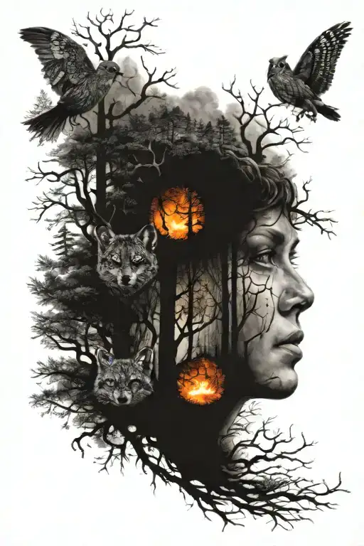 A Burning Forest With Hidden Creatures Eyes