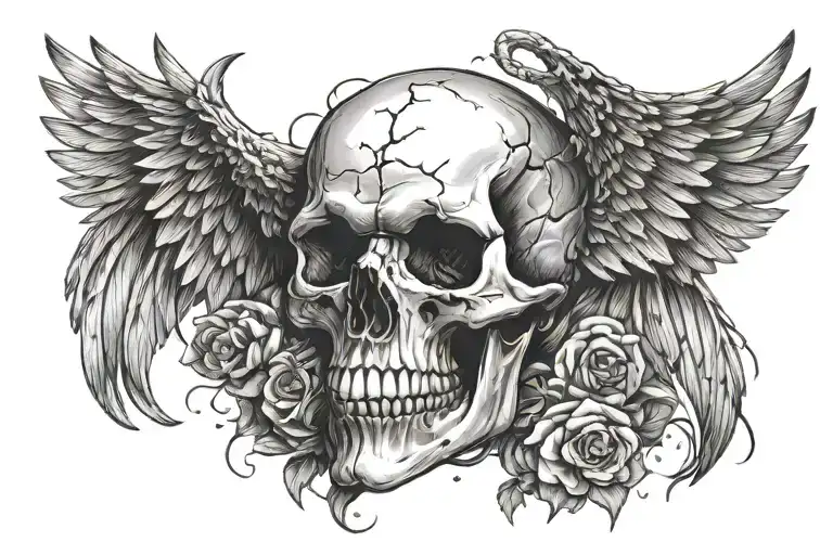 A Skull With Wings In Horror Style Illustration