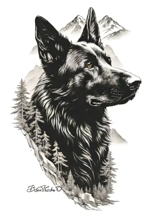 Black German Shepperd In The Background Bavarian Alps With Sea And Fir Forest