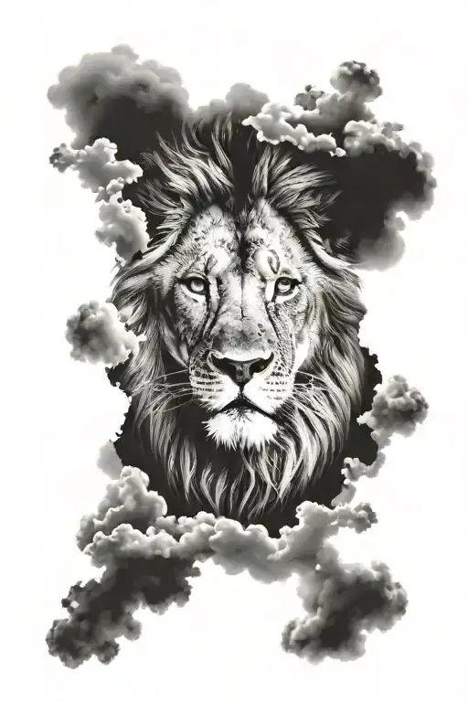 Lion With Blue Eyes And Clouds Fade