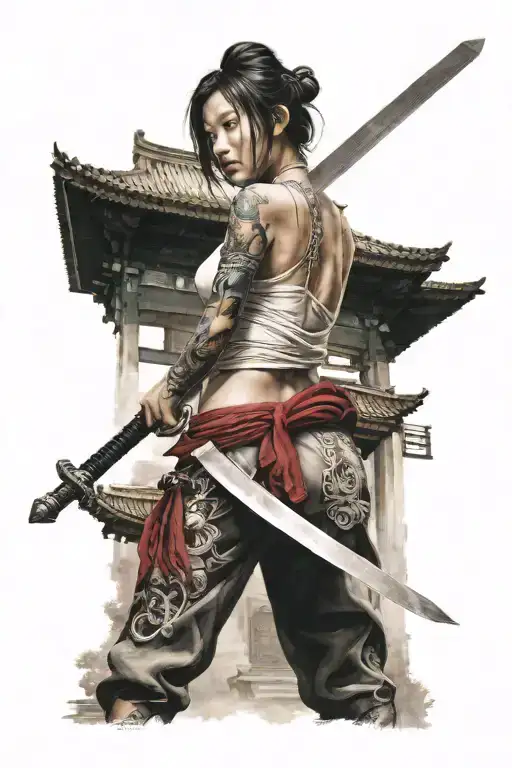 Woman With Sword And Chinese Temple In The Background